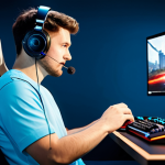 A professional male gamer, fully clothed in a modest, modern gaming outfit, seated in a high-tech gaming chair in a well-organized, brightly lit esports studio. He is intensely focused, holding a next-generation console controller (like a DualSense or Joy-Con) with both hands, slightly tilting it for precise aiming in a fast-paced sports simulation game displayed on a large, high-definition monitor. The background shows abstract glowing UI elements from the game. Perfect anatomy, correct proportions, natural pose, well-formed hands, proper finger count, natural body proportions, professional photography, high quality, studio lighting, safe for work, appropriate content, family-friendly.