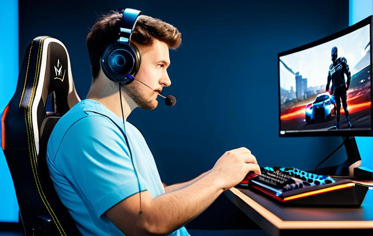 A professional male gamer, fully clothed in a modest, modern gaming outfit, seated in a high-tech gaming chair in a well-organized, brightly lit esports studio. He is intensely focused, holding a next-generation console controller (like a DualSense or Joy-Con) with both hands, slightly tilting it for precise aiming in a fast-paced sports simulation game displayed on a large, high-definition monitor. The background shows abstract glowing UI elements from the game. Perfect anatomy, correct proportions, natural pose, well-formed hands, proper finger count, natural body proportions, professional photography, high quality, studio lighting, safe for work, appropriate content, family-friendly.