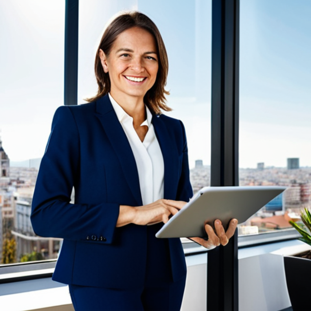 ** A professional businesswoman in her late 30s, wearing a tailored dark blue business suit with a crisp white blouse, standing confidently in a modern, sunlit office overlooking the Madrid skyline. She is holding a tablet and smiling slightly. The office is decorated with minimalist art and potted plants. Perfect anatomy, correct proportions, natural pose, well-formed hands, proper finger count, natural body proportions, fully clothed, appropriate attire, professional photography, high quality, safe for work, appropriate content, professional. **