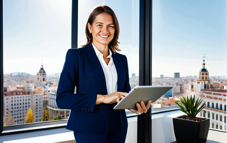 ** A professional businesswoman in her late 30s, wearing a tailored dark blue business suit with a crisp white blouse, standing confidently in a modern, sunlit office overlooking the Madrid skyline. She is holding a tablet and smiling slightly. The office is decorated with minimalist art and potted plants. Perfect anatomy, correct proportions, natural pose, well-formed hands, proper finger count, natural body proportions, fully clothed, appropriate attire, professional photography, high quality, safe for work, appropriate content, professional. **