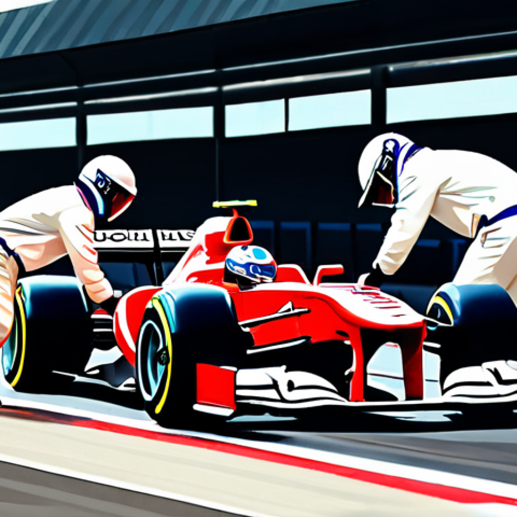 최고의 레이싱 장면들 - **Prompt:** "A Formula 1 pit crew executing a perfectly synchronized tire change on a race car in a ...