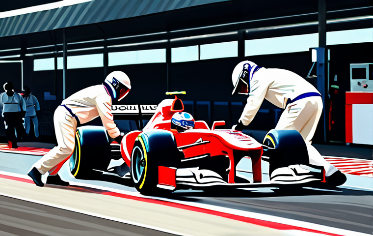 최고의 레이싱 장면들 - **Prompt:** "A Formula 1 pit crew executing a perfectly synchronized tire change on a race car in a ...