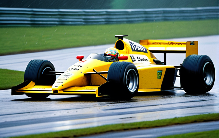 최고의 레이싱 장면들 - **Prompt:** "Max Verstappen driving a Red Bull Formula 1 car through a rain-soaked Hockenheimring, s...