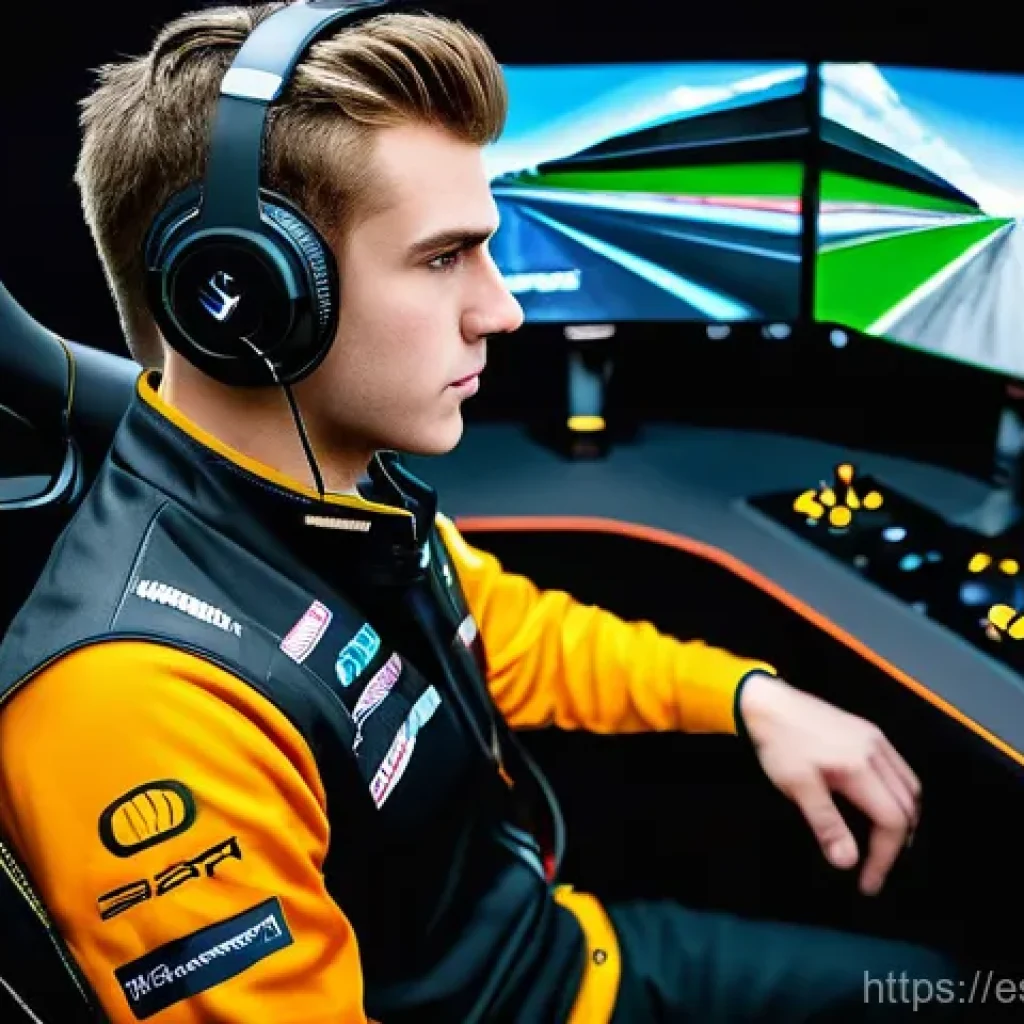 레이싱게임의 사회적 영향 - **Prompt:** A highly focused esports professional sim racer, male, in his mid-20s, intensely grippin...