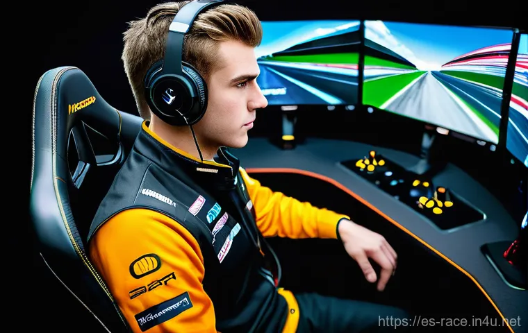 레이싱게임의 사회적 영향 - **Prompt:** A highly focused esports professional sim racer, male, in his mid-20s, intensely grippin...