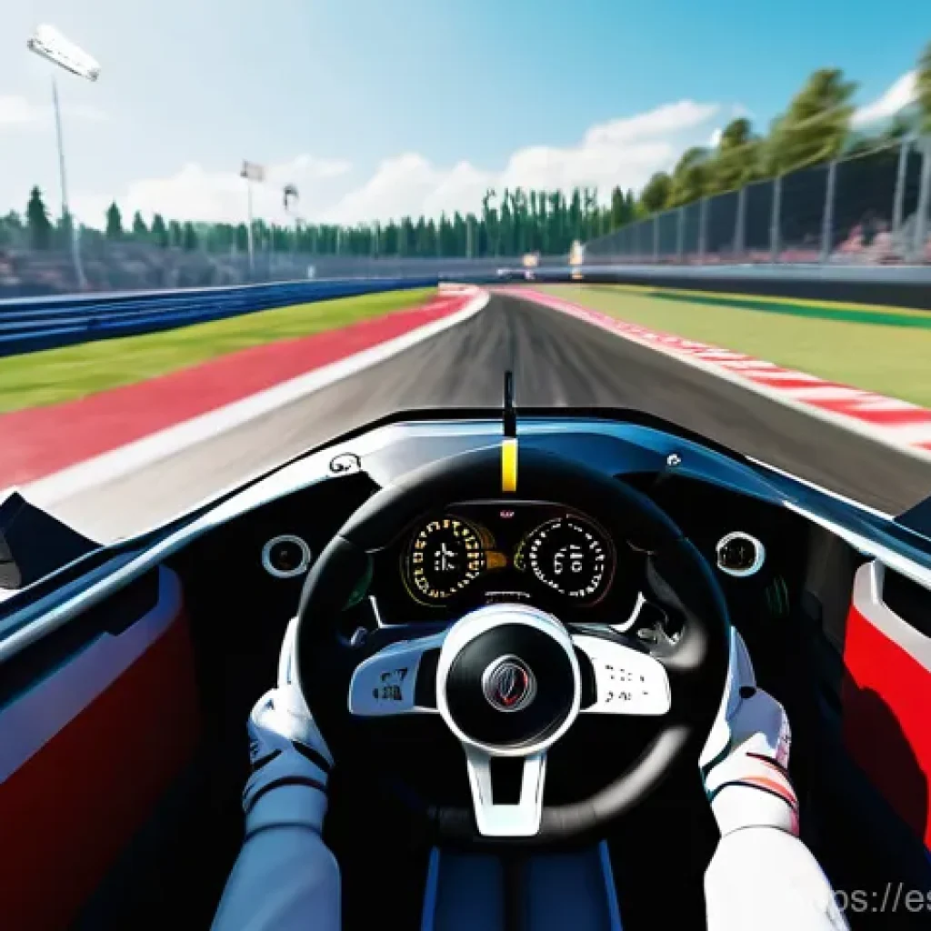 레이싱게임 업데이트 소식 - **Prompt:** A first-person perspective inside a highly detailed, photorealistic race car cockpit dur...