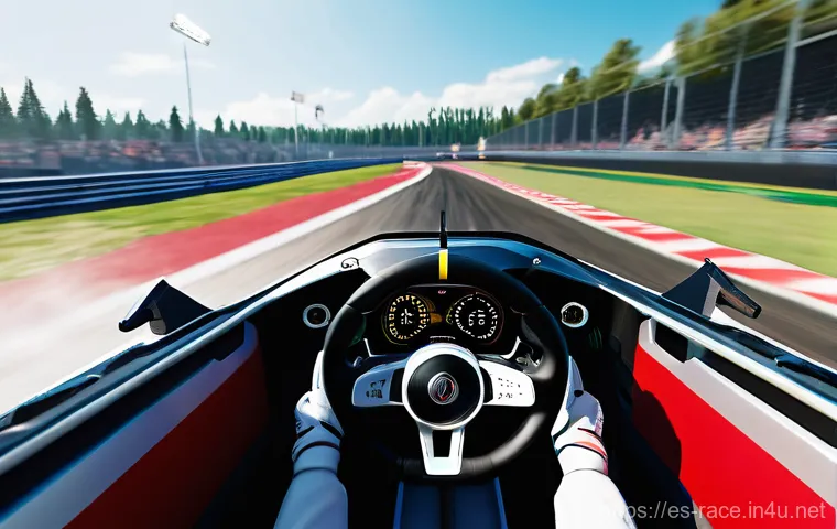 레이싱게임 업데이트 소식 - **Prompt:** A first-person perspective inside a highly detailed, photorealistic race car cockpit dur...
