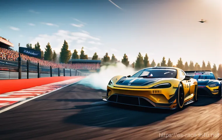 레이싱게임 업데이트 소식 - **Prompt:** A stunning, uniquely customized race car showcased in a virtual garage or against a scen...
