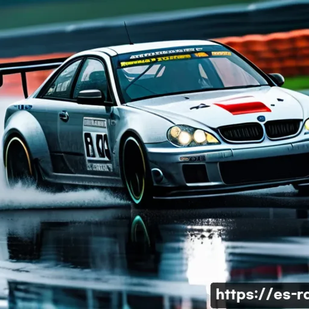 레이싱게임과 환경 요소 - A realistic racing scene on a wet asphalt circuit during intense rainfall, showcasing a modern race ...