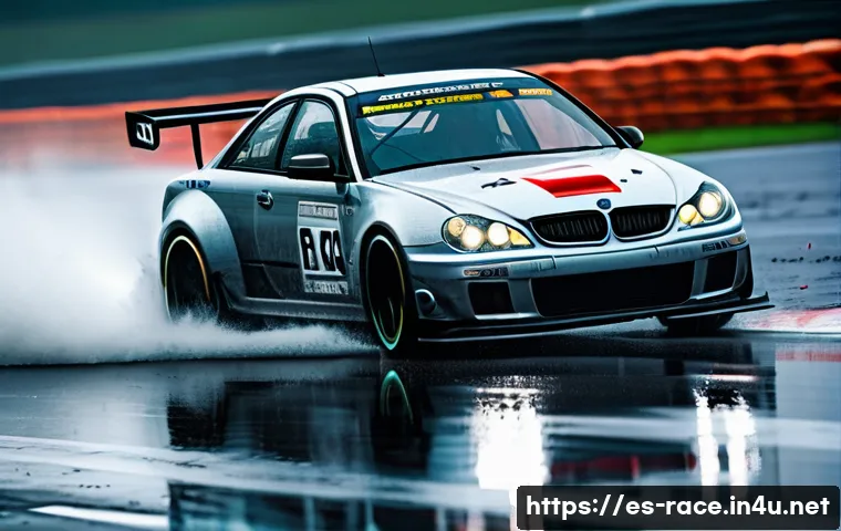레이싱게임과 환경 요소 - A realistic racing scene on a wet asphalt circuit during intense rainfall, showcasing a modern race ...