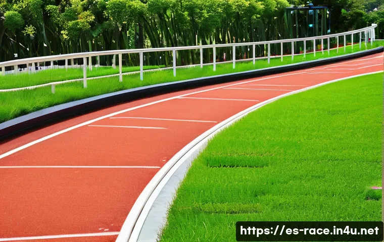 최고의 트랙디자인 - A modern outdoor running track designed with ergonomic curves and gentle slopes, featuring high-qual...
