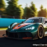 Home 22 무료 레이싱게임 추천 - A highly detailed racing simulator scene featuring a sleek, realistic sports car navigating a sharp ...