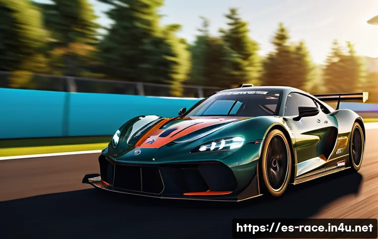 무료 레이싱게임 추천 - A highly detailed racing simulator scene featuring a sleek, realistic sports car navigating a sharp ...