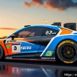 Home 20 레이싱게임의 제작 과정 - A hyper-realistic 3D racing car model parked on a detailed urban circuit at sunset, featuring dynami...
