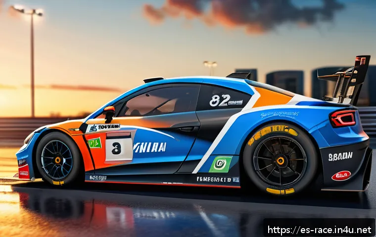 레이싱게임의 제작 과정 - A hyper-realistic 3D racing car model parked on a detailed urban circuit at sunset, featuring dynami...