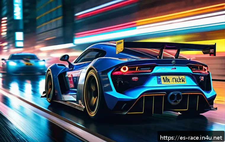 스팀 레이싱게임 할인 정보 - A dynamic urban street racing scene at night, featuring sleek sports cars with vivid neon underglow ...