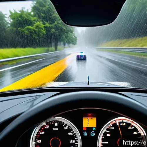 Home 17 포르자 모터스포츠 - Hyper-realistic racing car cockpit view during a rainy race, showing detailed wet asphalt reflecting...