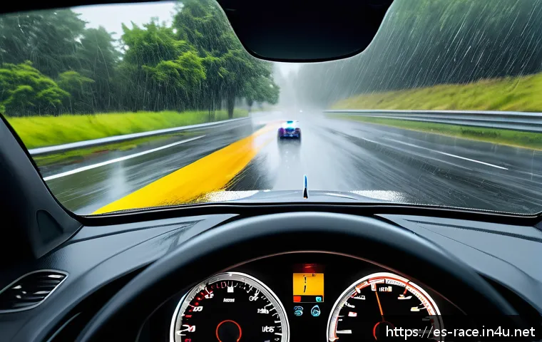 포르자 모터스포츠 - Hyper-realistic racing car cockpit view during a rainy race, showing detailed wet asphalt reflecting...