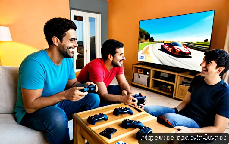 다중 플레이어 레이싱게임 - Photorealistic split-screen-style scene of four friends in a cozy Spanish living room playing a loca...